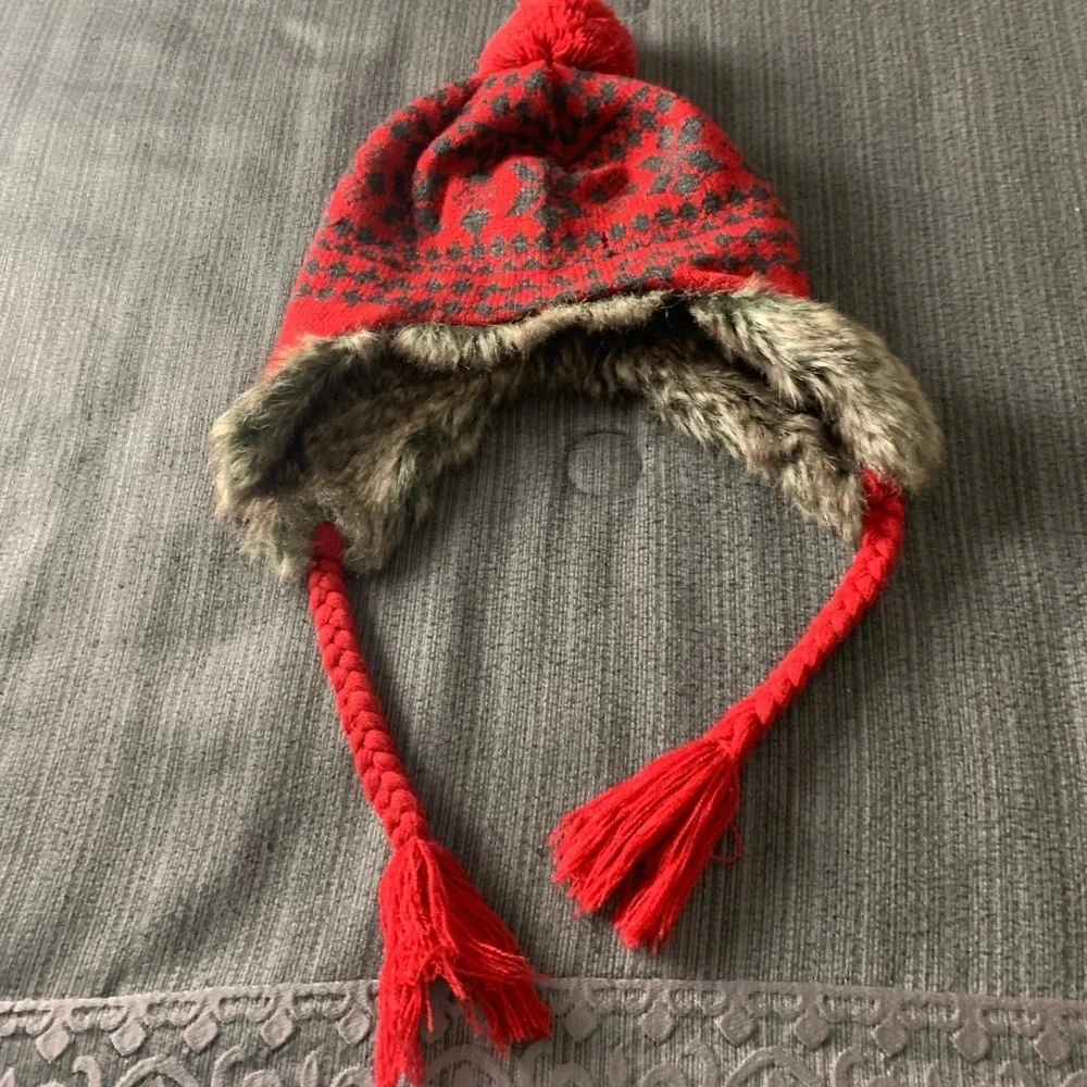 Vintage Faux Fur Christmas Snowflake Ski Winter Hat Red Grey